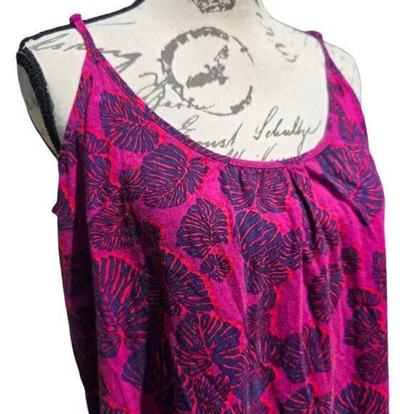 Loft Linen Blend Dress Fuchsia Leaf Print Ruffle Hem Medium - Picture 2 of 9
